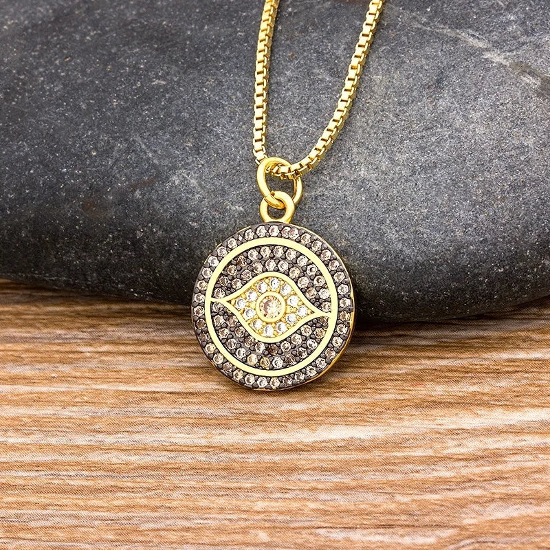 QIKU New Fashion Gold Color Eye Necklace Crystal Copper Cubic Zircon Turkish Lucky Jewelry Statement Girl Party Gift Accessories