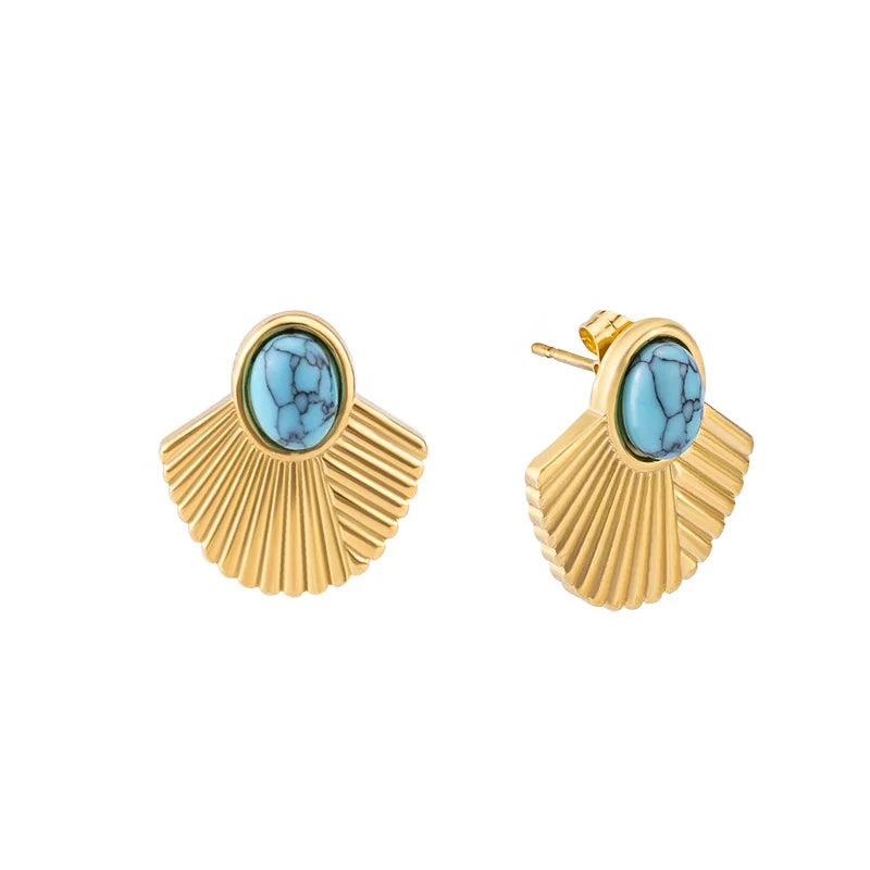 Classic Vintage  Boho Fashion Rib Jewelry Stainless Steel Gold Plated Scalloped Turquoise Women Statement Stud Earrings