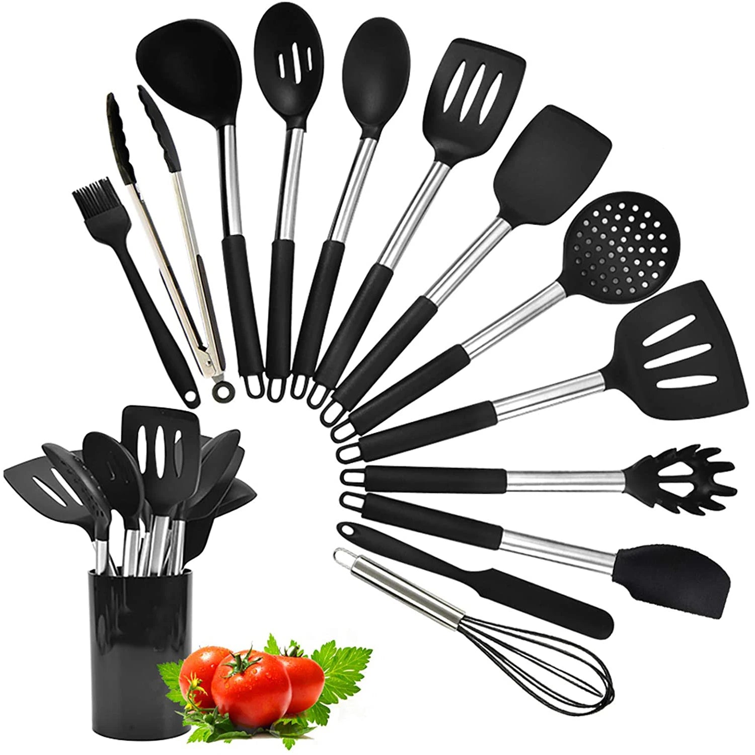 14 Pcs Heat Resistant Reusable Cooking Tools Black Non-stick Stainless Steel Handle Silicone Kitchen Utensils Set