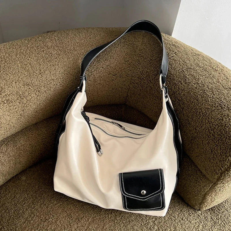 Large Capacity Women's Canvas Messenger Bags Contrast Color Female Shoulder Bag Casual Tote Pu Leather Ladies Underarm Handbags