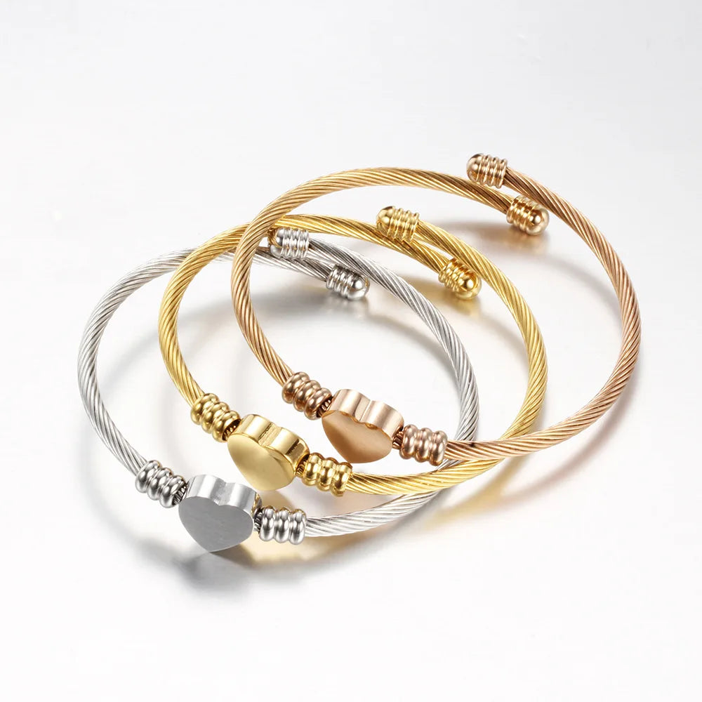 Fashion Gold/Silver/Rose Gold Cable Wire Circle Stainless Steel Heart Charm Bracelet Bangle for Women
