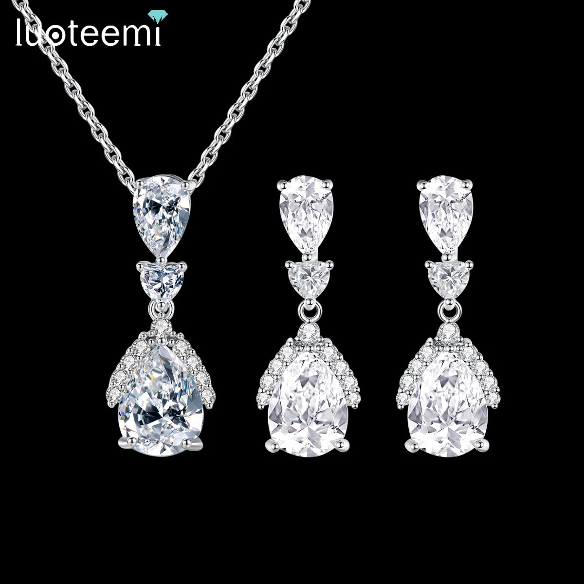 LUOTEEMI Zircon Geometric Earring Fashion Accessory Iced Out Pendant Necklace Cz New Arrival Woman Jewelry Set