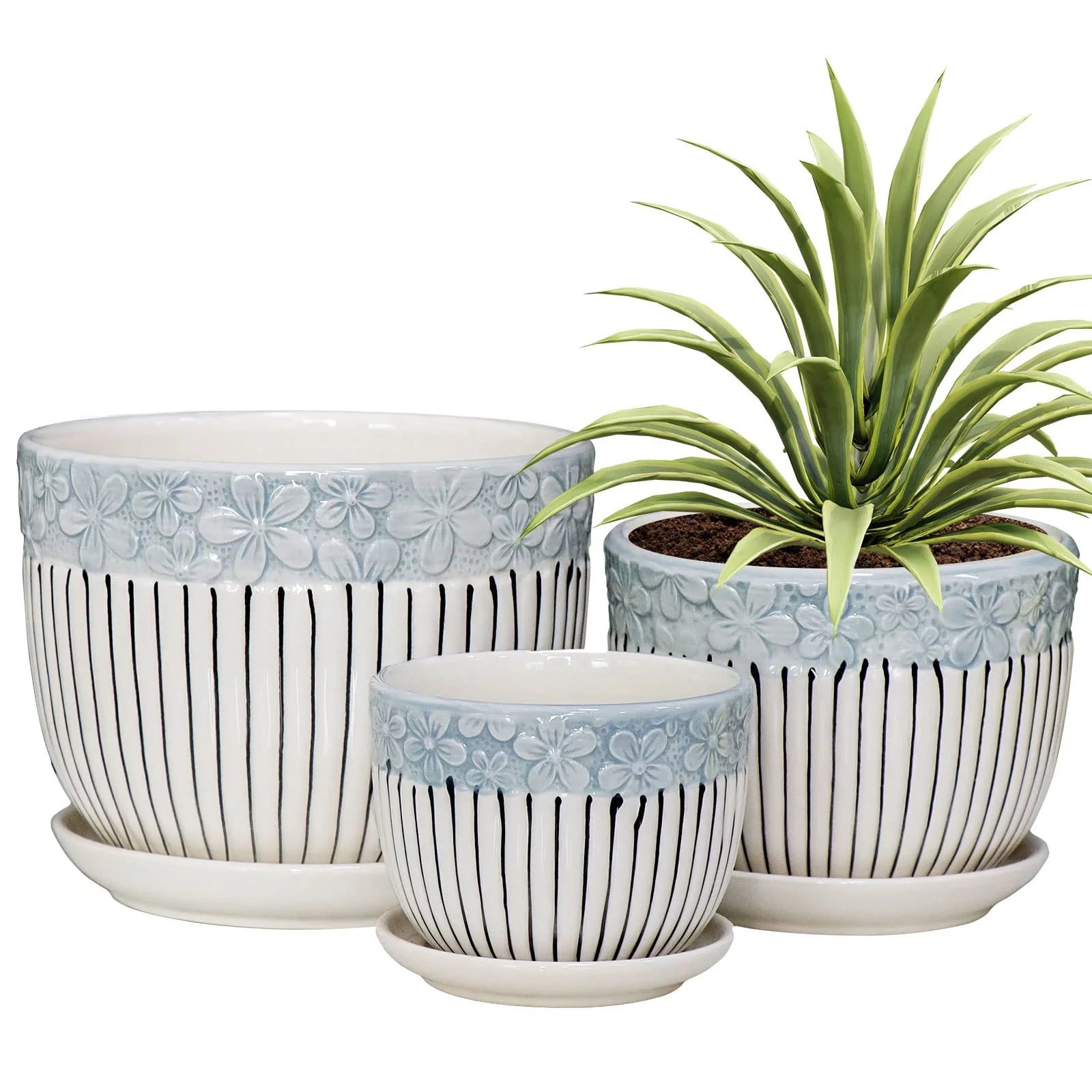 Modern Nordic Relief Sky Blue Flower Edge Plant Garden Exquisite Ceramic Flower Pot With Hole Home Decoration Vase