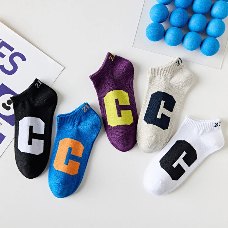 2023 Jingwen ODM Summer Breathable Socks Short Soft Cotton C Letter Socks Adult Men Socks