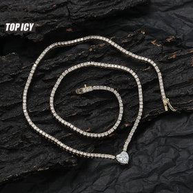 TOP ICY 2mm Heart-Shaped Love Link Chain Tennis Necklace Zircon Thin Choker Cute Style Anniversary Gift