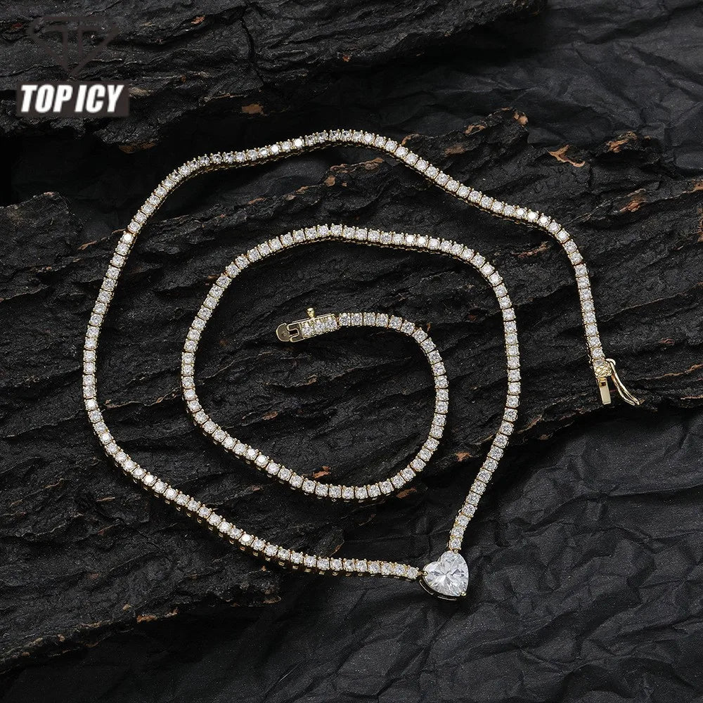 TOP ICY 2mm Heart-Shaped Love Link Chain Tennis Necklace Zircon Thin Choker Cute Style Anniversary Gift
