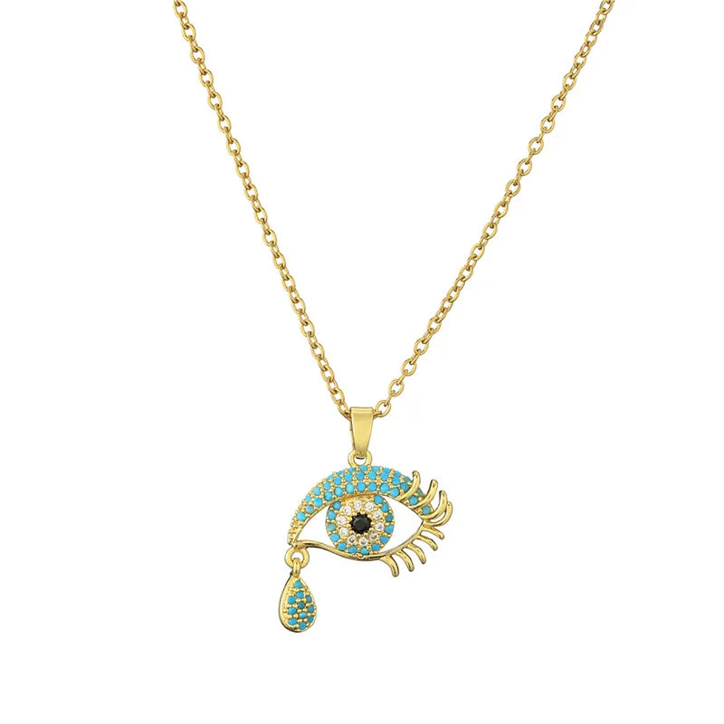 Creative Fashionable 18K Gold Plated Evil Eye Tear Necklace Micro-inlaid Zircon Copper Eye Pendant Clavicle Chain
