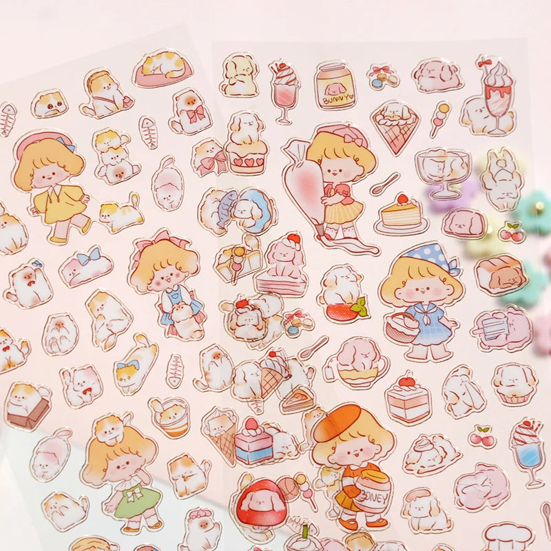 Nekoni Animal Stickers Kawaii Cute Stickers Dog Puppy Dinosaur Panda Bunny Cat Dessert PVC Laser Gilding Waterproof Stickers