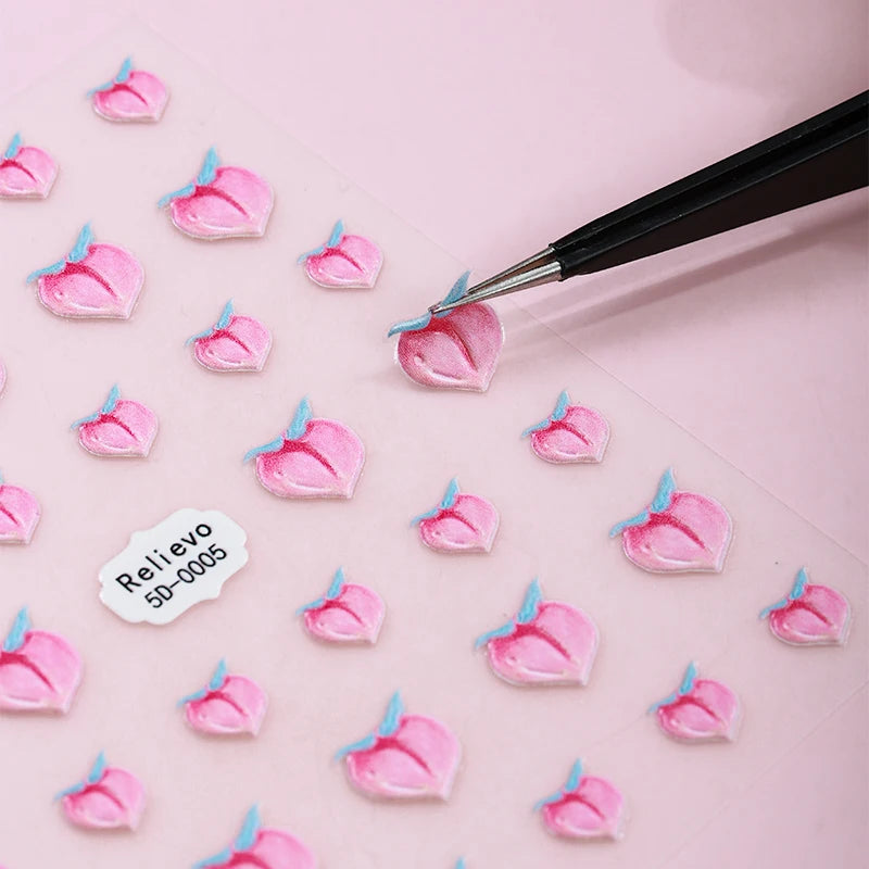 5D Embossed Ultra-Thin Self-Adhesive Nail Art Sticker Decals New Summer Honey Peach Fruit Design Heart-shaped PET Cute for Women