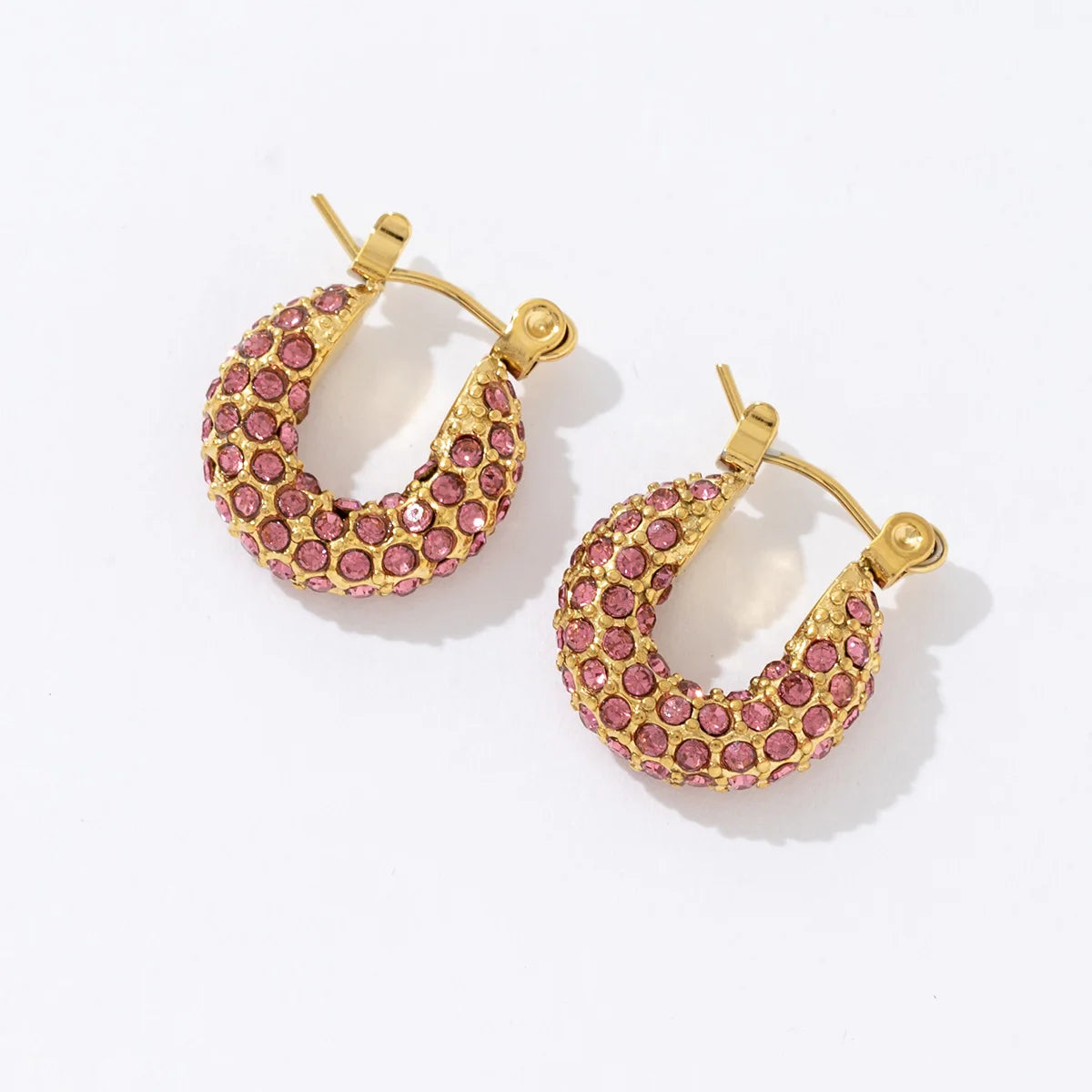 Fashion Bag Shape Design Stainless Steel 18K Gold Pink Zircon Stud Earrings for Women