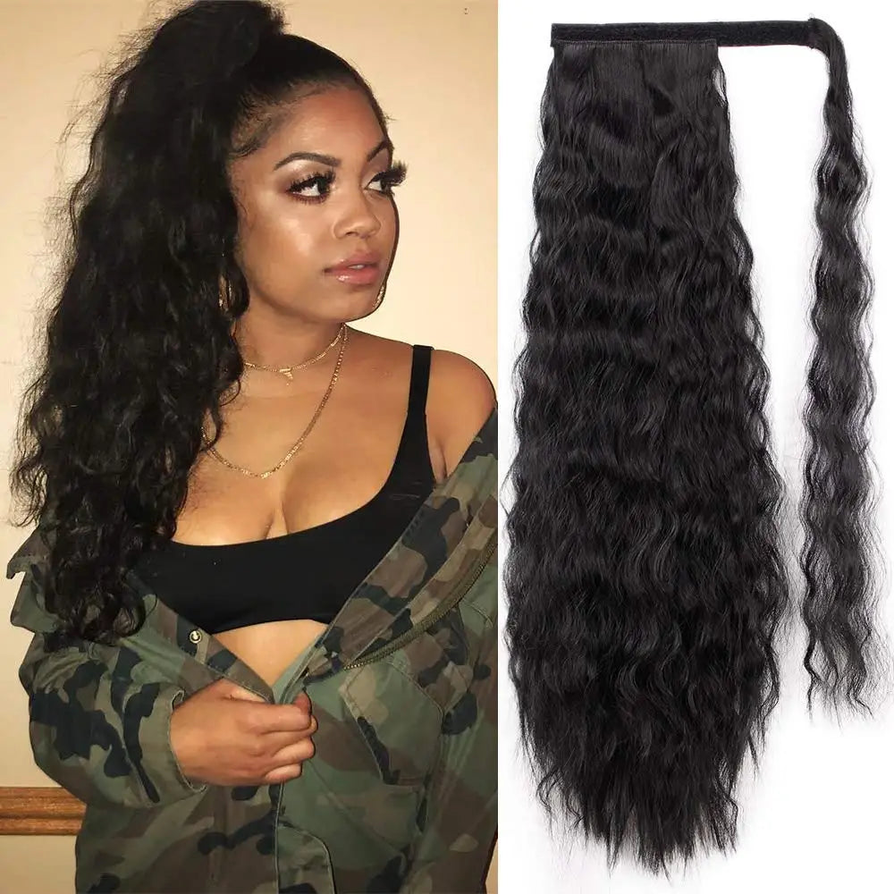 Long Corn Wave Ponytail Extension Magic Paste Heat Resistant Wavy Synthetic Wrap Around Ponytail Black Hairpiece for Women 22in