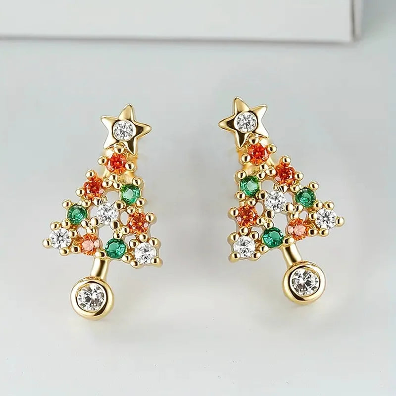 CAOSHI Customable Christmas Tree Design Stud Earrings for Colorful Crystal Zircon Gold Plated CZ Earrings Women Christmas Gift