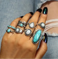 8 Pcs/set Vintage Bohemian Ethnic Turquoise Feather Carved Silver Turquoise Finger Ring Set for Women Combination Ring Set
