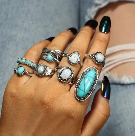 8 Pcs/set Vintage Bohemian Ethnic Turquoise Feather Carved Silver Turquoise Finger Ring Set for Women Combination Ring Set