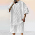 Men Korean High Street Jacquard Plaid Loose Sports Suits Summer Plain T-shirt and Shorts 2pcs Set