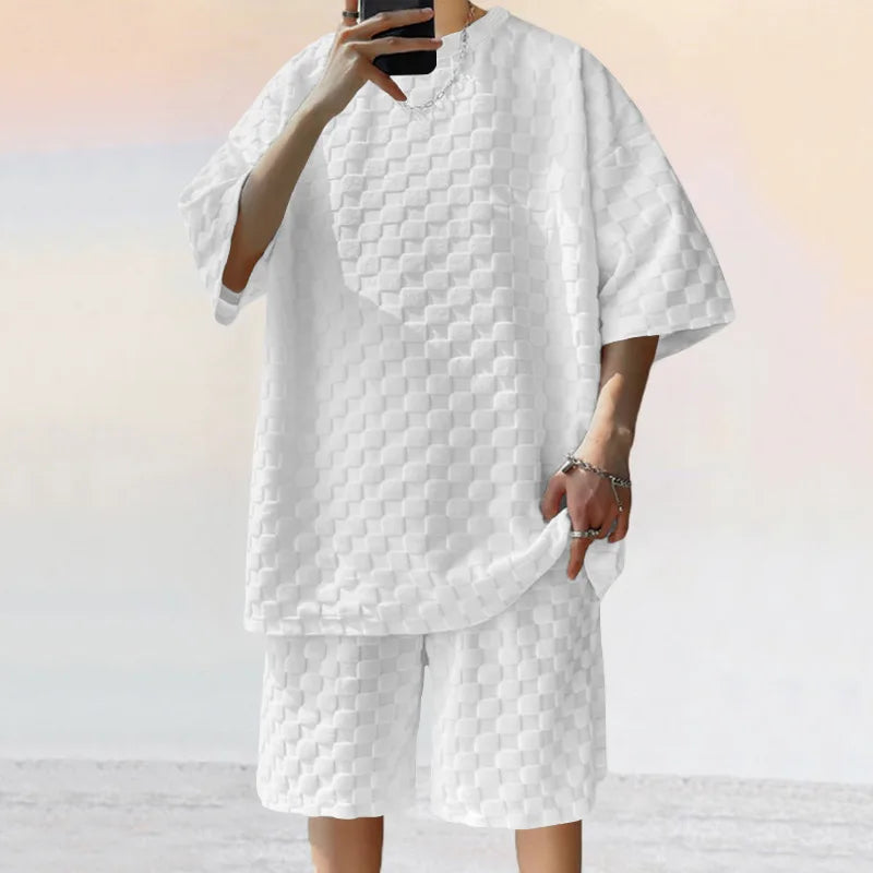 Men Korean High Street Jacquard Plaid Loose Sports Suits Summer Plain T-shirt and Shorts 2pcs Set