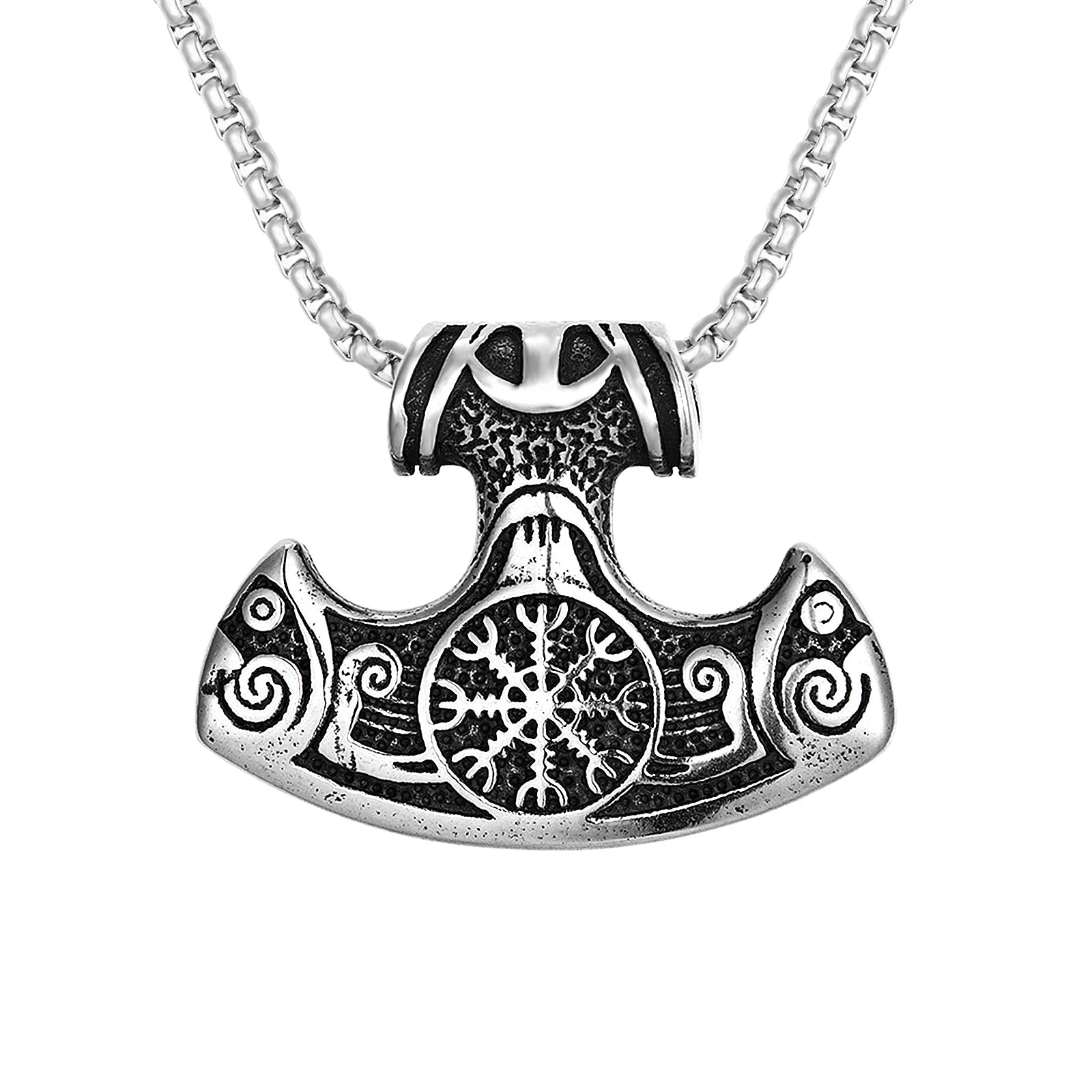 Nordic Viking Mjolnir Thor Hammer Helm of Awe Pendant Jewelry Stainless Steel Man Pendant Necklace