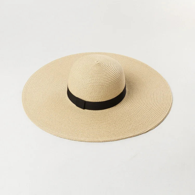 Wholesale Summer Beach Grass Straw Hat  With Bow Big Sun Protection Panama Straw Beach Hat