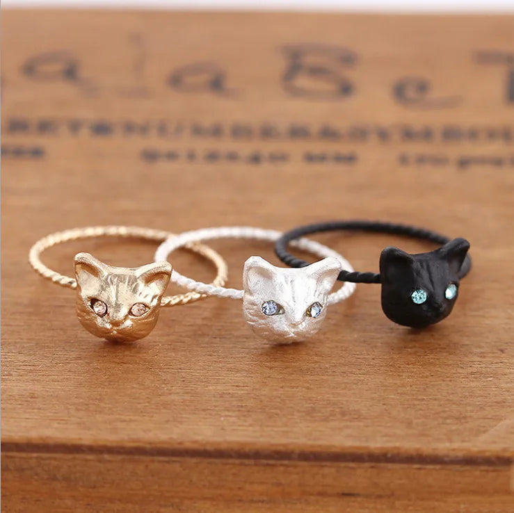 New Cute Head Cat Rings Gold Black Color Antique  Men Fashion Animal Hello Cat Knuckle Ring Women