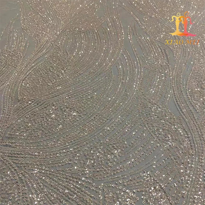 New Style 100% Polyester Eco-Friendly Bridal Mesh Beaded & Sequined Soft Tulle Lace Fabric XM-BF0577