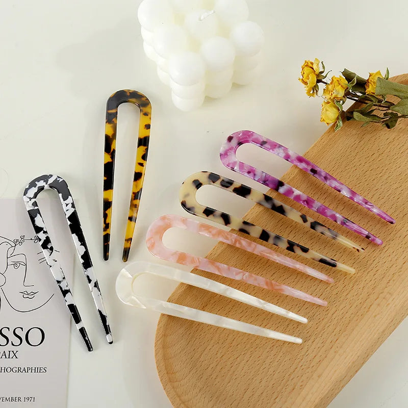U-Shaped Hairpin with 2 Prongs Hair Pin Fork Sticks  Women Hair Accessories Antiskid Toothed U Shape Acetate Hair Chopstick Clip
