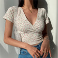 Factory Wholesale Summer French Retro Floral-V-neck Short-sleeved T-shirt Slim Slimming Wild High Waist T-shirt Women's Top