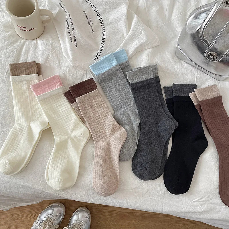 Wholesale Simple Pile Crew Socks Female Luxury Spring Breathable Knitted Tube Socks Double Ribbed Solid Color Daily Use Cotton