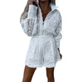 Wholesale Autumn Elegant Lace Sets Casual Loose Fit Lace Shirt Blouse and Shorts Sets Custom Fashion Shirt and Short Pants Sets