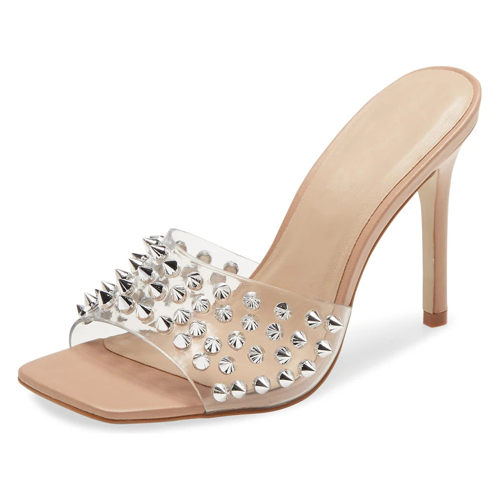Silver Studs Mules Square Toe High Heel Summer Clear PVC Women Sandals 2022