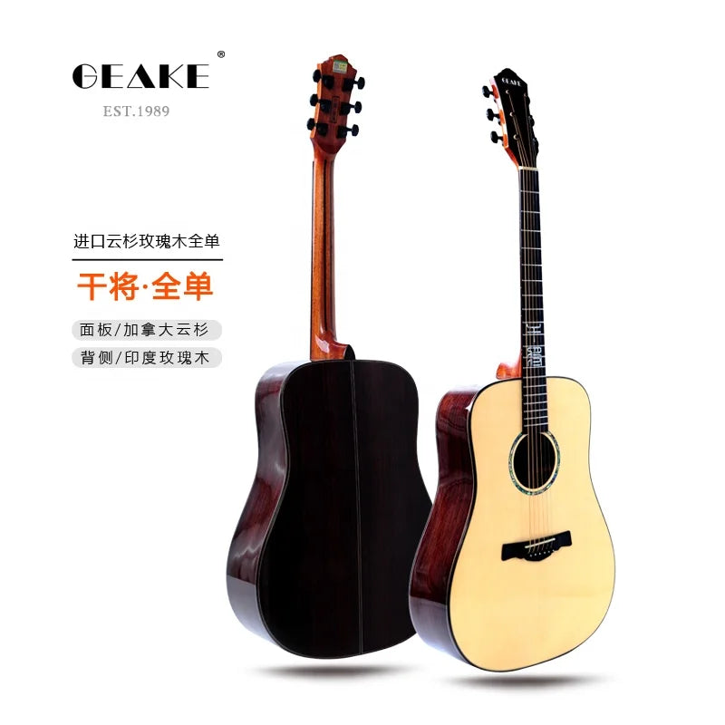 High-End 41-Inch Dreadnought Acoustic Guitar Solid Spruce Rosewood Gloss Handmade Geake Ganjiang All Bone Nato Wood ABS Ebony