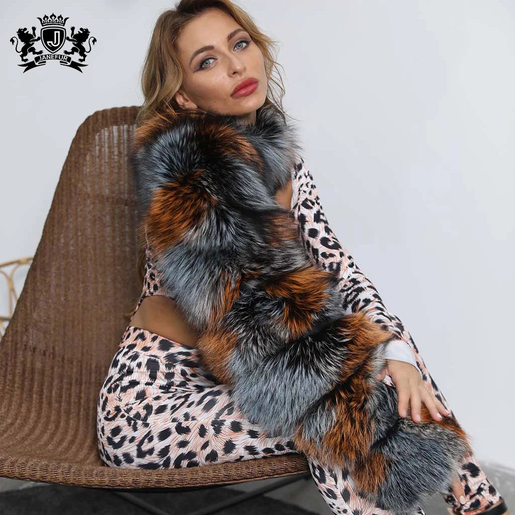 Janefur Fox Sleeve Popular Unique Design Removable Women Real Fox Fur Sleeves Wraps Around Neck Fur Outwear