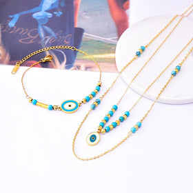 Newly Arrived 316l Stainless Steel Trendy Layered Turquoise Necklace Bead Oval Eye Bracelet Necklace Set