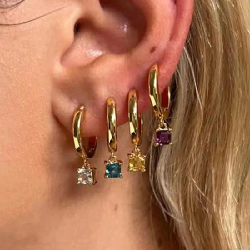 High End PVD 18K Gold Plated White Pink Blue Square Zirconia Pendant Huggie Earrings Stainless Steel Jewelry Wholesale MegaBDM