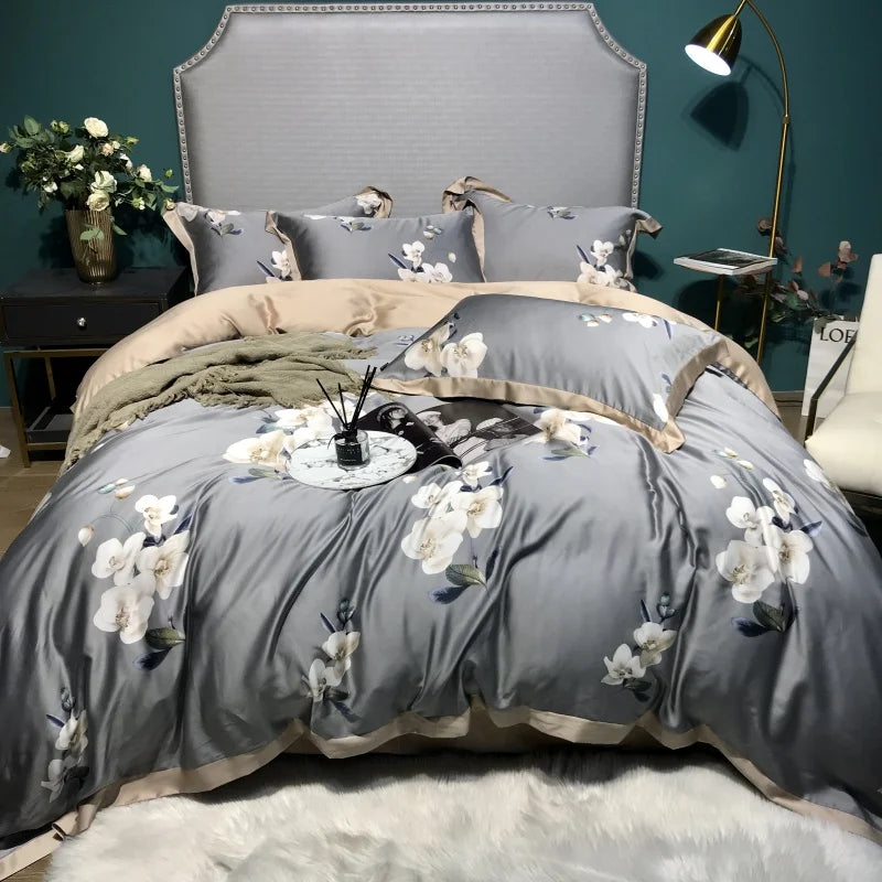 Wholesale Luxury Summer Europe Style Flowers Printed Satin Lyocell Fiber King Size 300tc Super Soft Customizable Bedding Set