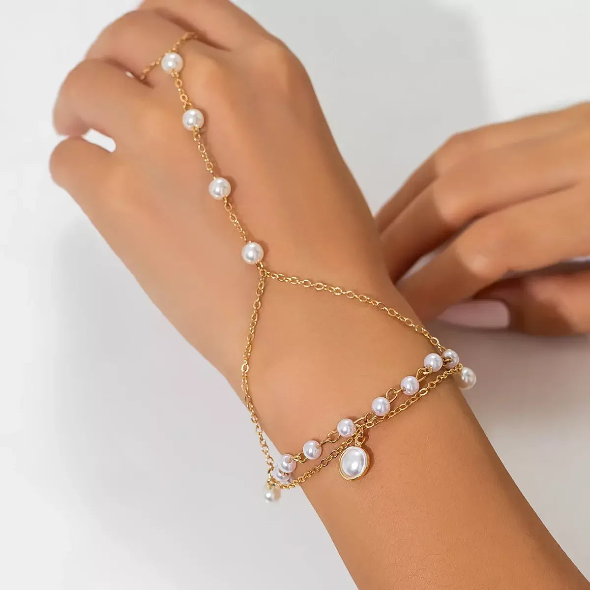 SHIXIN Fashion Simple 2023 Pearl Beads Bracelet With Finger Ring for Women Link Hand Harness Bracelet Bangle Jewelry Wedding