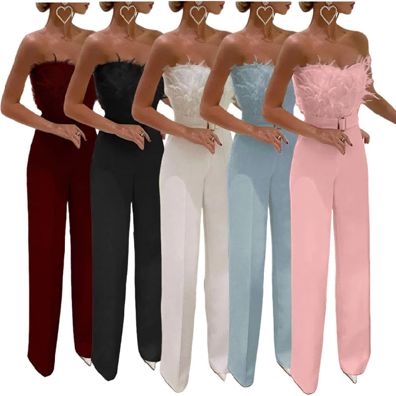 OSM036 Trendy Spring and Summer Jumpsuit Women Feather Bra Sexy White Girls Jumpsuits Elegant Casual Jumpsuits With Belt