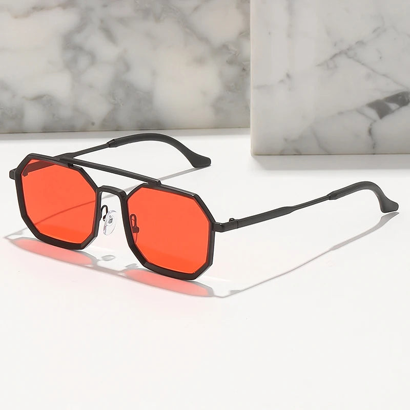 New Steam Punk Double Beam Sunglasses Men's Metal Polygonal Large Frame Trendy Yellow Lens Steampunk Sunglasses 2024