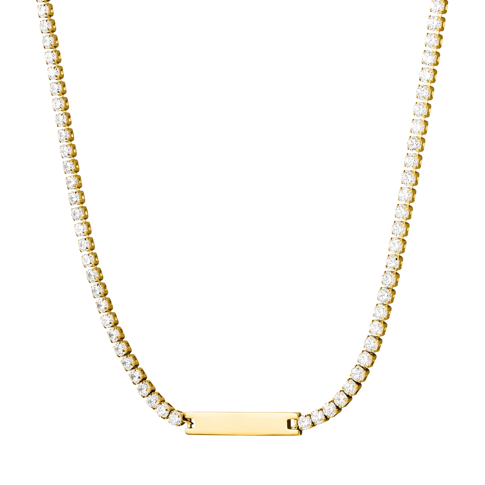 Fashion 18k Gold Plated Stainless Steel Custom Name Engravable Blank Plate Diamond Tennis Necklace