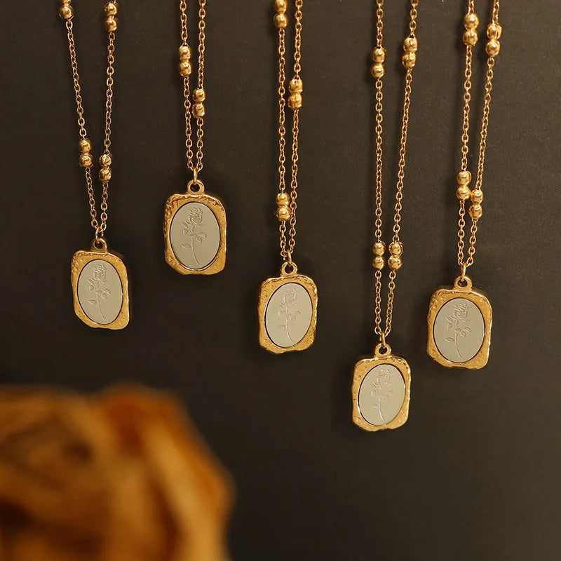 Fashion Stainless Steel 18K Gold Plated Beads Chain Waterproof Two-Color Tones Engraving Rose Flower Necklace