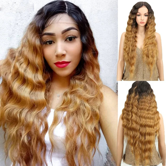 Wholesale Synthetic Blonde Lace Wigs Deep Wave Lolita Wig High Temperature Fiber 30Inch Ombre Blonde Wigs for Black Women