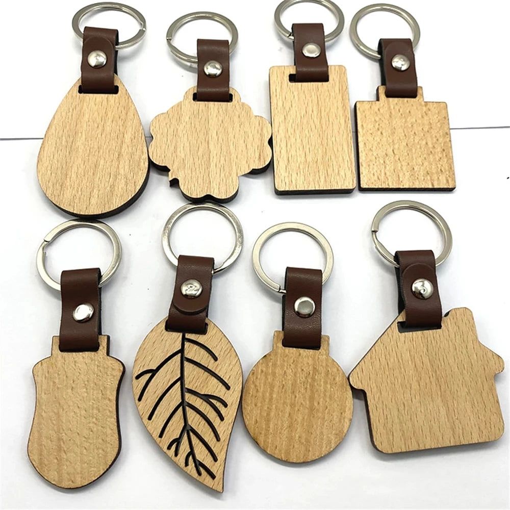 Creative Leather Wood Keychain Geometric Leaf House Wooden Keyring DIY Accessories Bag Ornaments Charms Car Key Ring Gifts