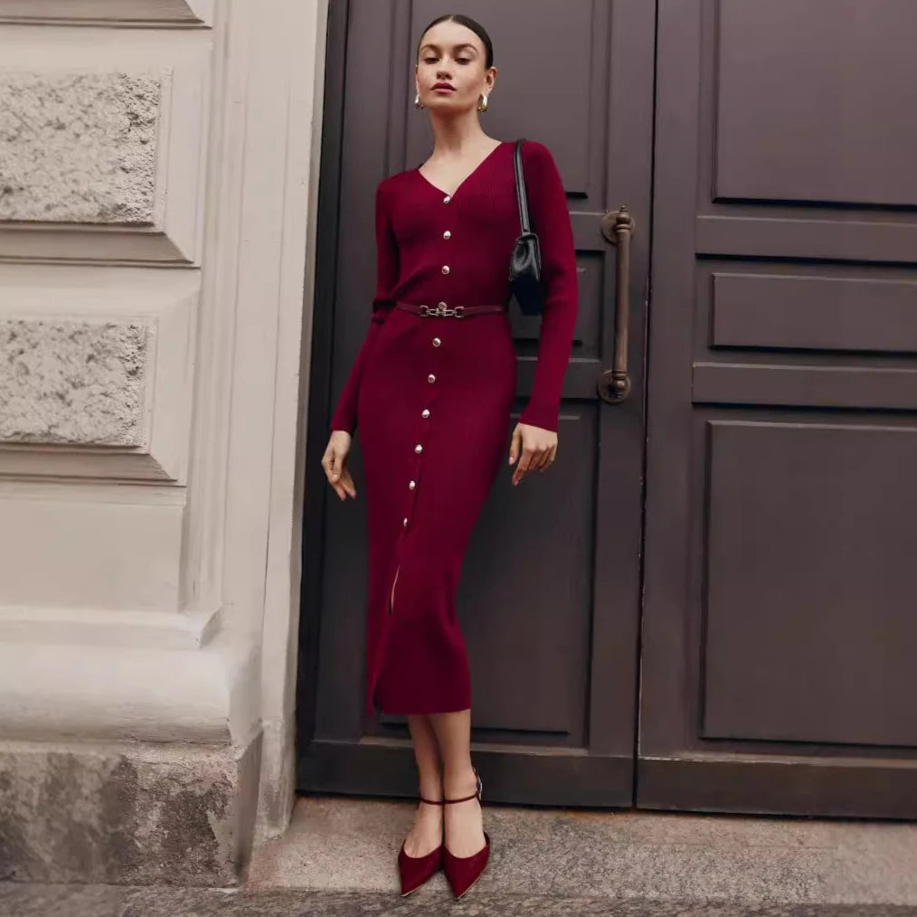 Autumn Winter Fashion Single Breasted Knit Maxi Dress Slit Evening Party Dress 2024 Elegant Long Sleeve Sweater Dress for Women