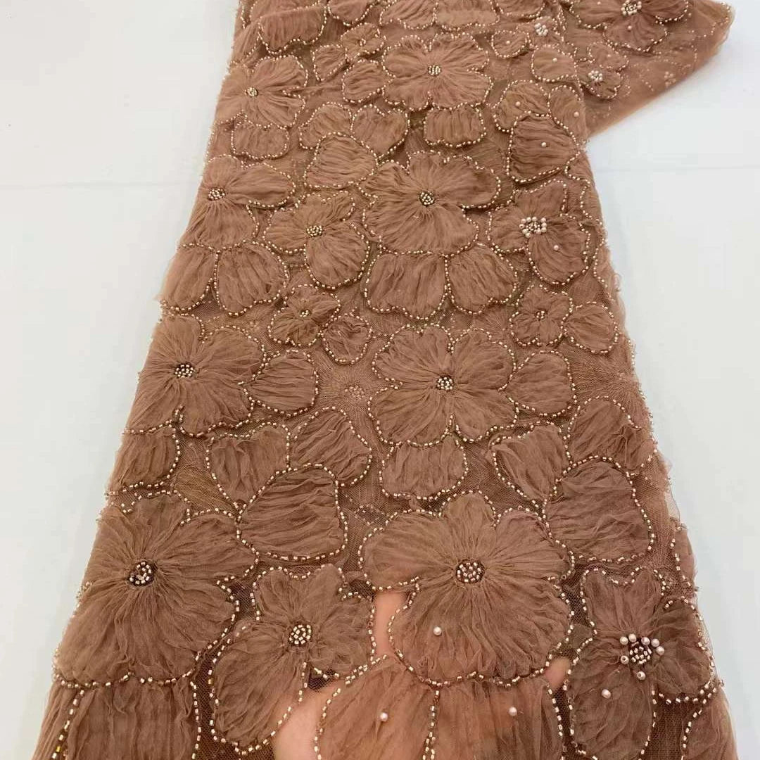 Dry George Brown African Bead 3D Flower Lace Fabric Eco-Friendly Sequins 5 Yards 100% Polyester Embroidery