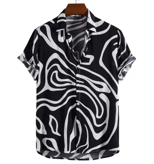 New Mens Contrast Color Loose Shirts Geometric Printed Shirt Turn Down Collar Short Sleeve Loose Shirts