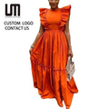 Liu Ming Dropshipping Wholesale African Fashion Women Summer Round Neck Ruffled Edges Long Maxi Dress