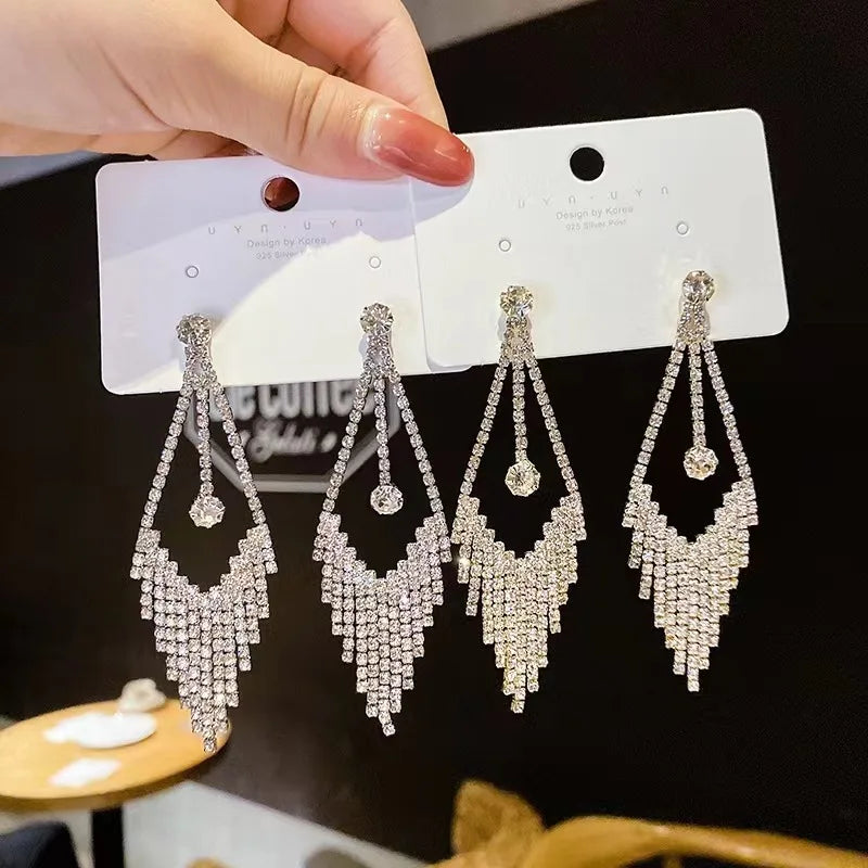 925 Silver Needle Diamond Zircon Micro Inlaid Long Tassel Earrings Exaggerated Geometric Shape Earrings
