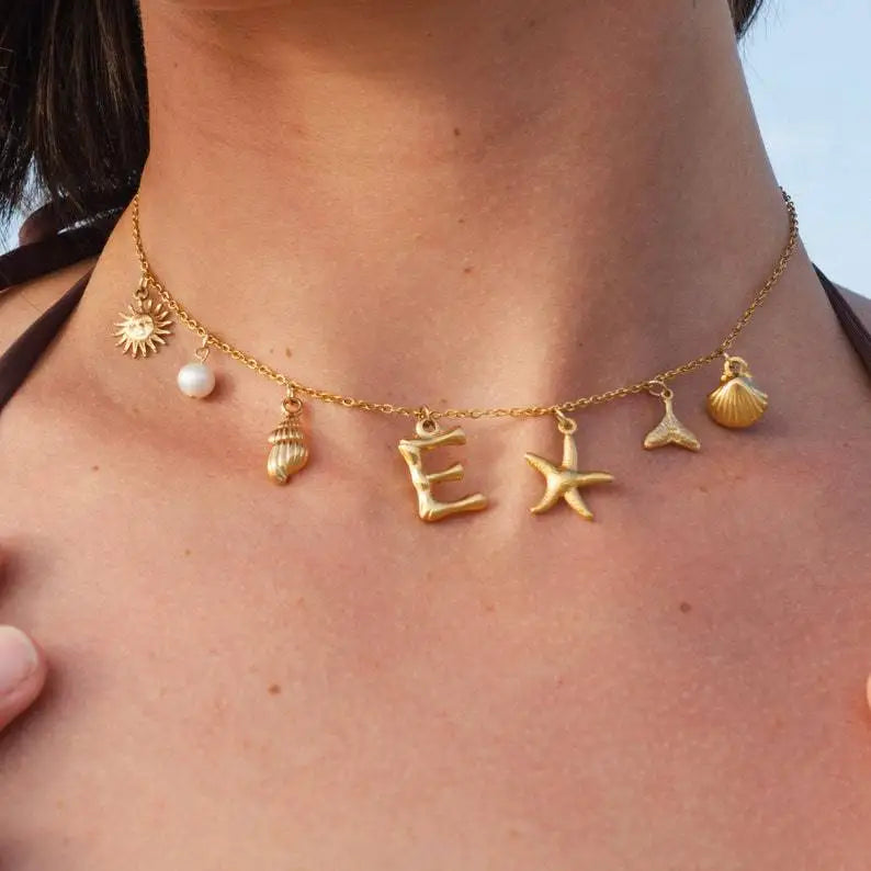Ocean Series Women's 18K Gold Plated Stainless Steel Necklace with Conch Starfish Letter Pendant Number Pattern Chains