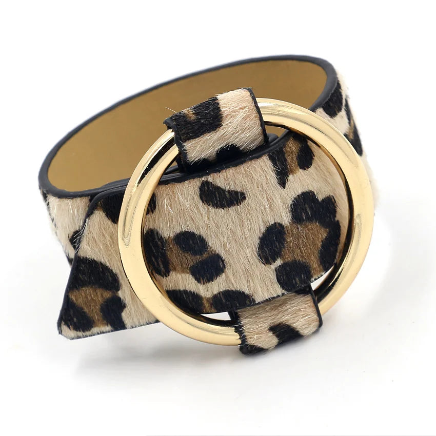TRENDY Jewelry Exaggerated Golden Alloy Ring Leopard Print Horsehair Imitation Leather Bangle Bracelet for Women