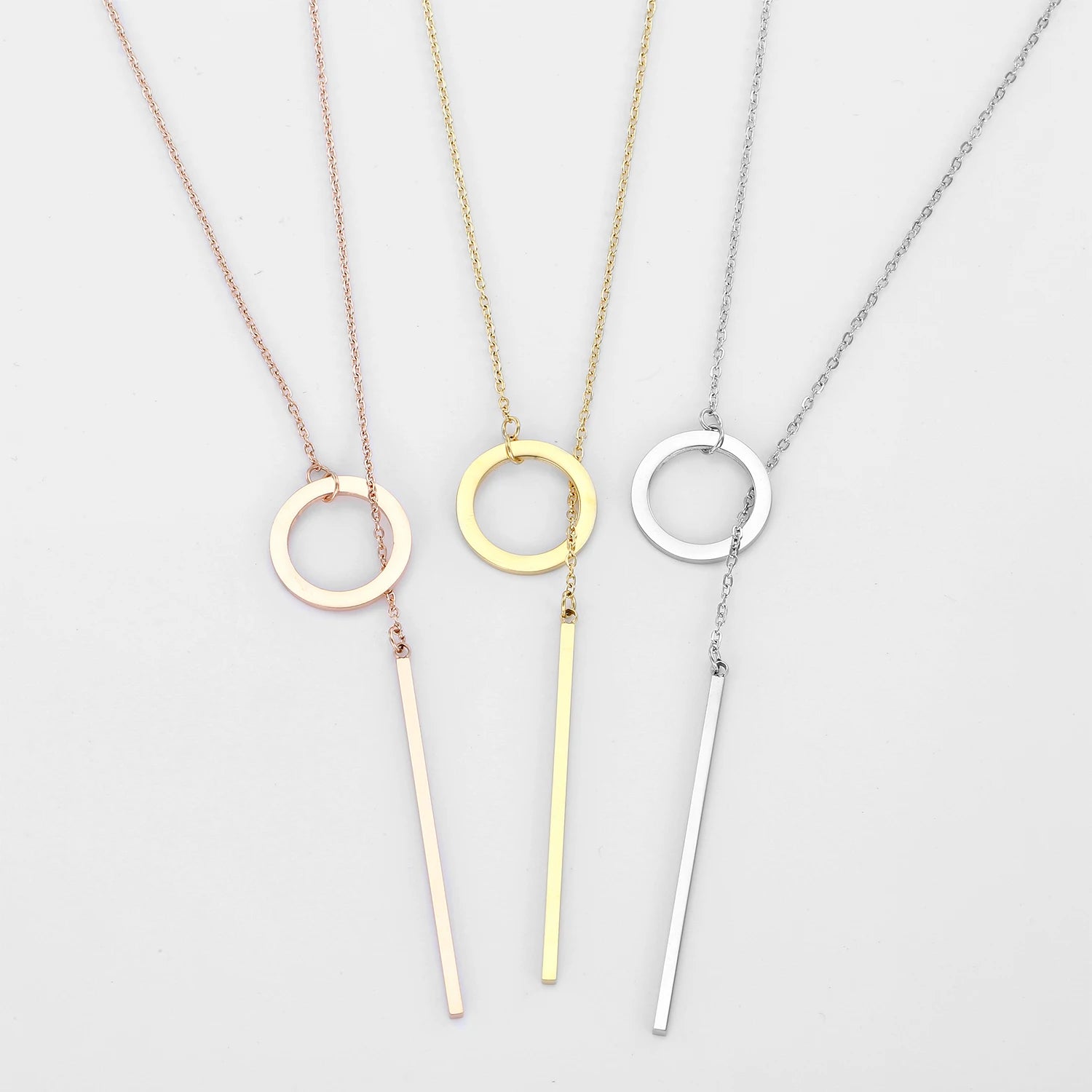 Minimalist Jewelry Customized Y Shape Round  Ring Gold Plated Stainless Steel Pendant Bar Necklace for Women