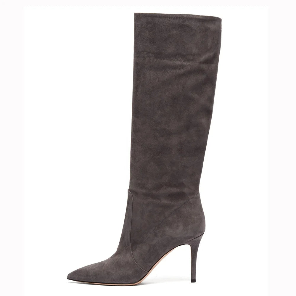 Pointed Toe Winter Shoes 2019 Brown Women High Heel Knee Boots